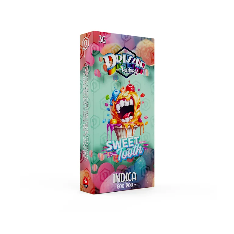 Sweet Tooth Drizzle Factory 3g vape with matching Indica God Pod box 2