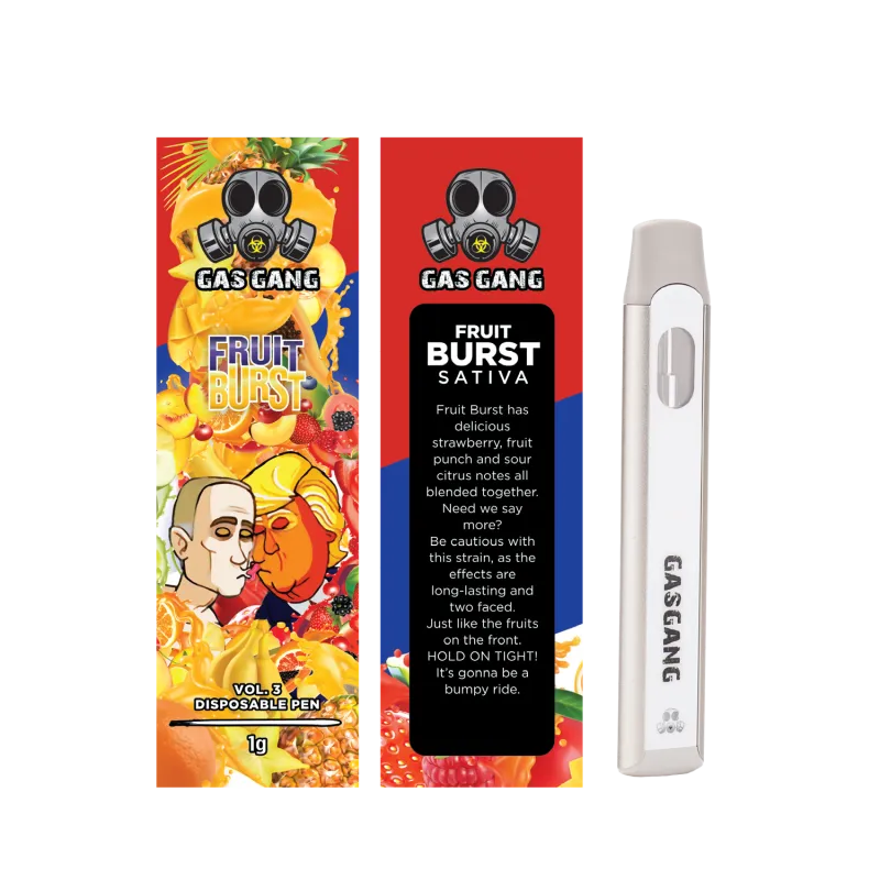 Zkittlez Gas Gang 1g disposable pen beside colourful Indica carton 10