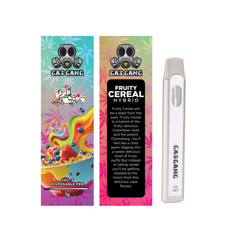 Zkittlez Gas Gang 1g disposable pen beside colourful Indica carton 12