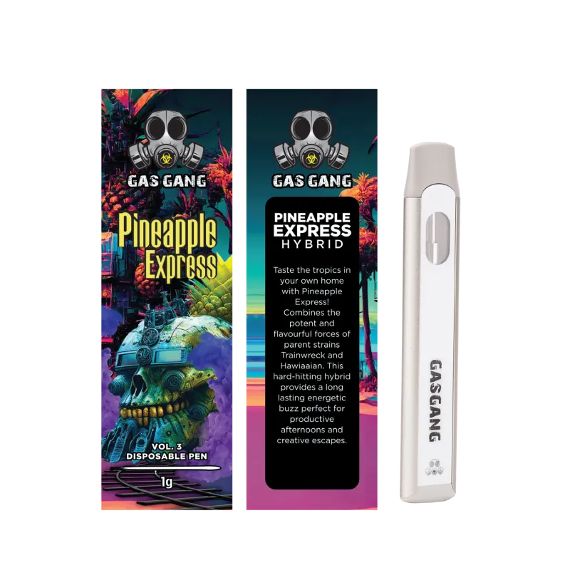 Zkittlez Gas Gang 1g disposable pen beside colourful Indica carton 23