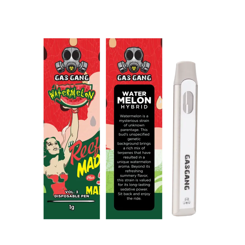 Zkittlez Gas Gang 1g disposable pen beside colourful Indica carton 30