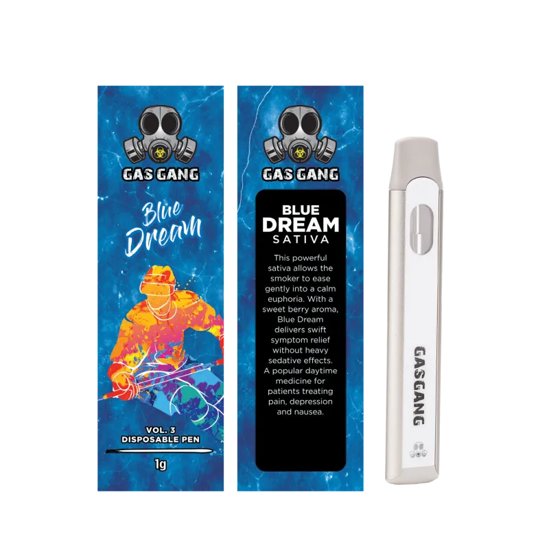 Zkittlez Gas Gang 1g disposable pen beside colourful Indica carton 4
