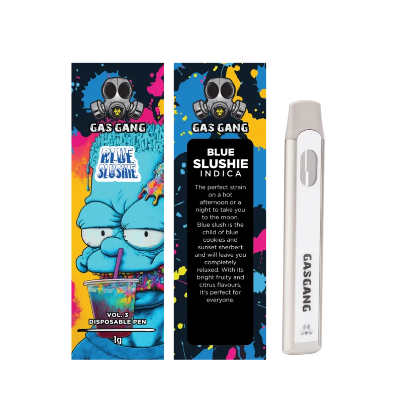 Zkittlez Gas Gang 1g disposable pen beside colourful Indica carton 5