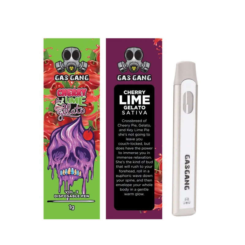 Zkittlez Gas Gang 1g disposable pen beside colourful Indica carton 7