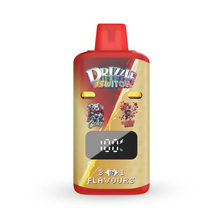 Red and gold Drizzle Switch vape beside a colourful wholesale box with Cola and Gummy Soda artwork 2