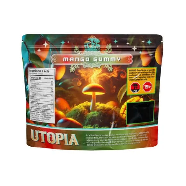 Utopia Mango Mushroom Gummy pouch marked ten pieces and ten grams of mushrooms 2