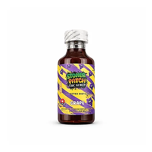 Four amber Stoner Patch THC Syrup bottles with colourful fruit-themed labels 3