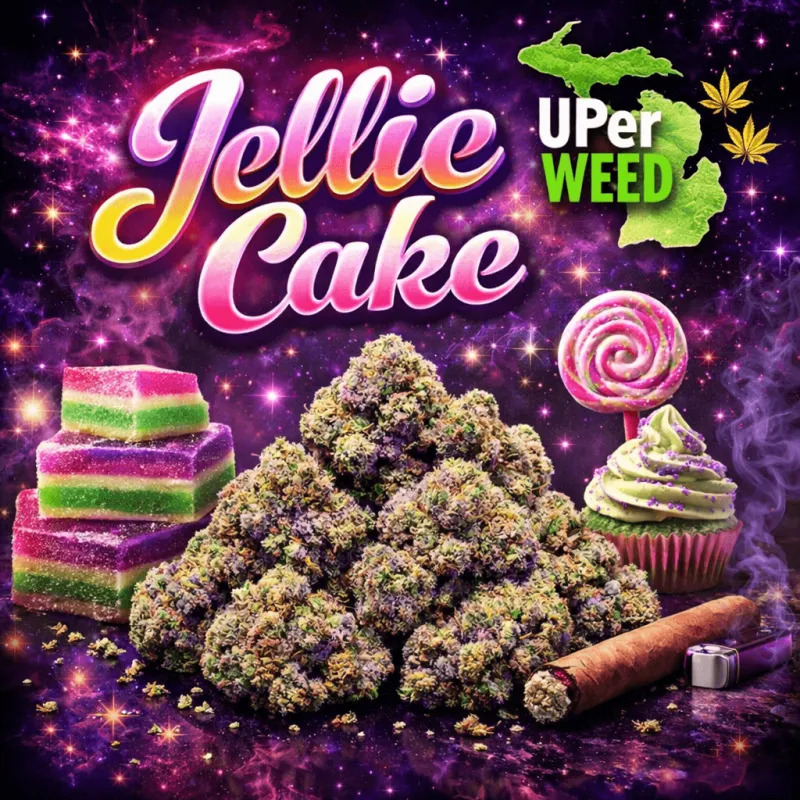 Purple-green Jellie Cake buds with orange pistils and thick white trichomes 1