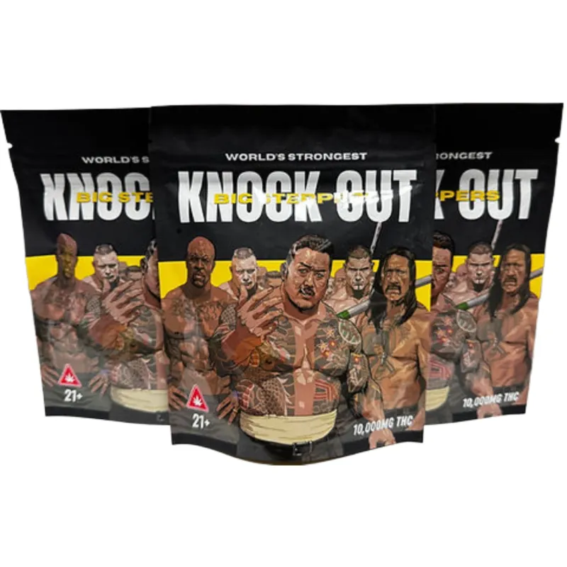 Black and gold Big Steppers KnockOut pouch marked 21+ and 10,000MG THC 2