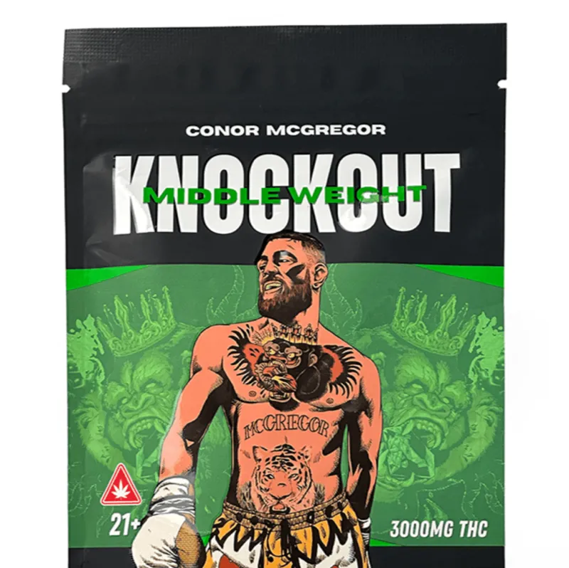 Black and green McGregor Knockout Middleweight pouch marked 21+ and 3000MG THC 1