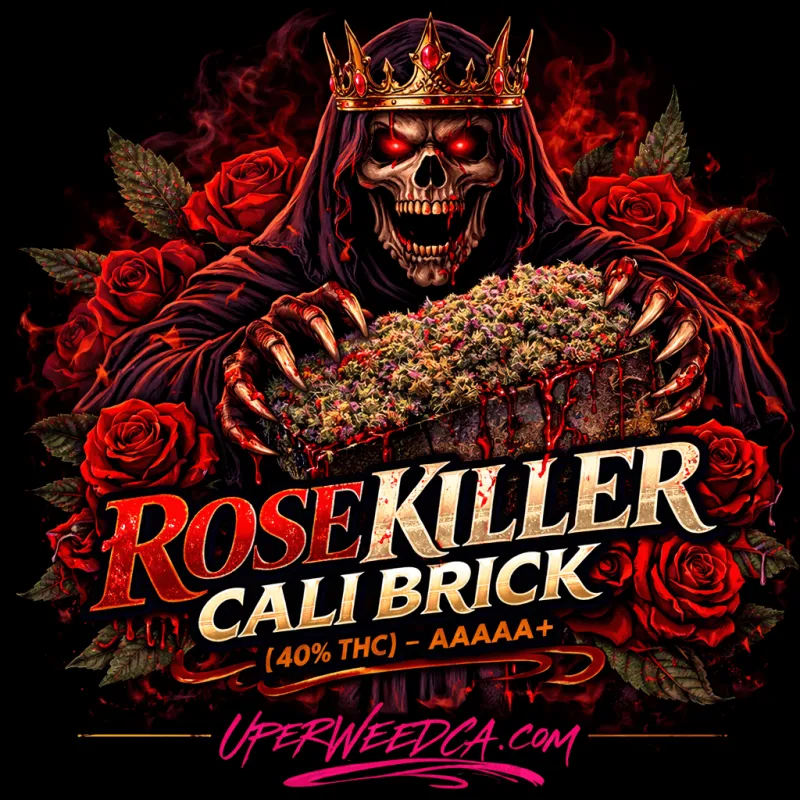 Dark purple and olive-green Rose Killer Cali Brick flower with frosted trichomes 1