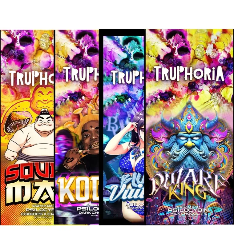 Truphoria range graphic showing ten colourful psilocybin chocolate bar packages and flavour names 2