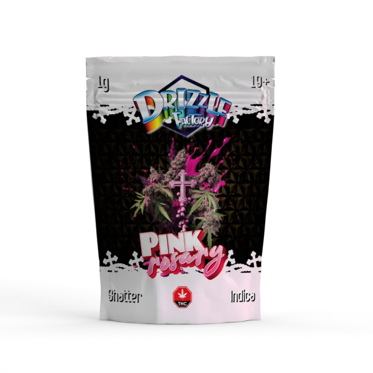 Pink and black Pink Bubba Drizzle Factory Shatter pouch marked Indica 33
