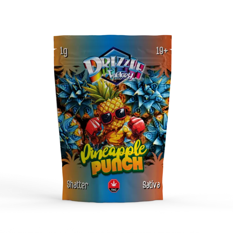 Blue and orange Pineapple Punch Drizzle Factory Shatter pouch labelled Sativa 1