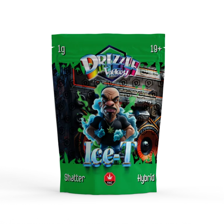 Green Ice-T Drizzle Factory Shatter pouch with performer graphic and Hybrid mark 1