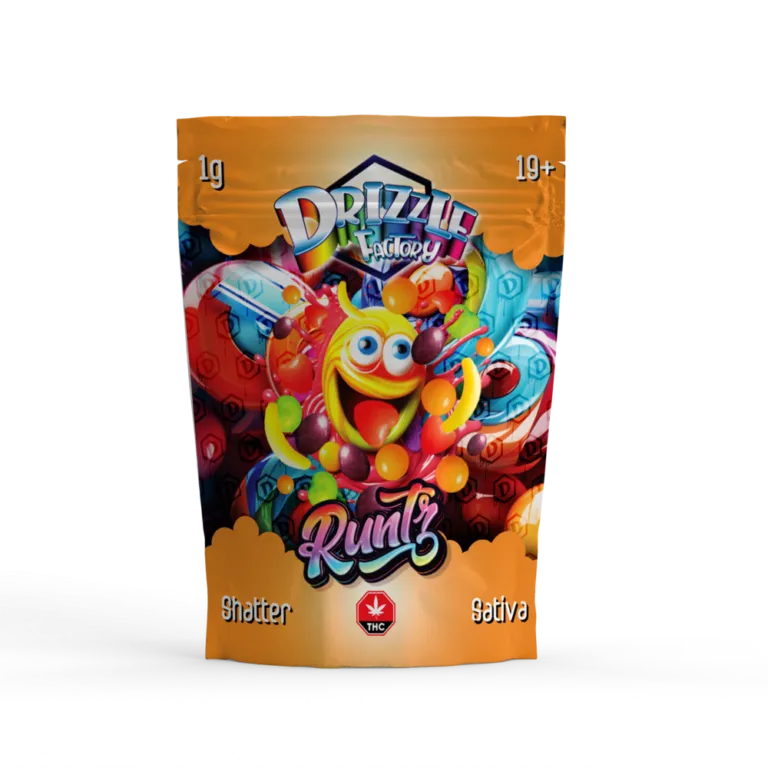 Green Ice-T Drizzle Factory Shatter pouch with performer graphic and Hybrid mark 21