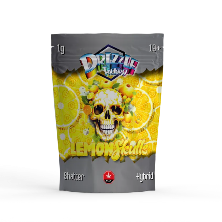Blue and green Full Moon Drizzle Factory Shatter pouch labelled Sativa 29