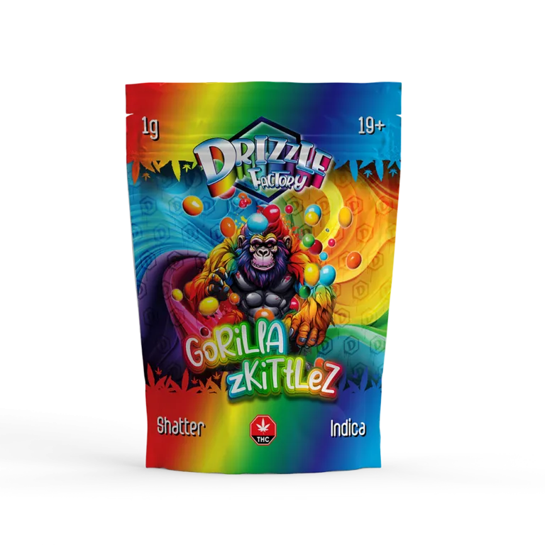 Pink and grey Pink Chapo Drizzle Factory Shatter pouch marked Hybrid and 1g 14