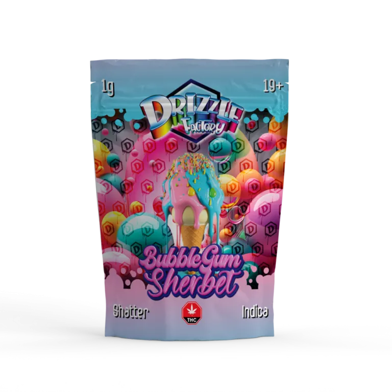 Pink and grey Pink Chapo Drizzle Factory Shatter pouch marked Hybrid and 1g 24