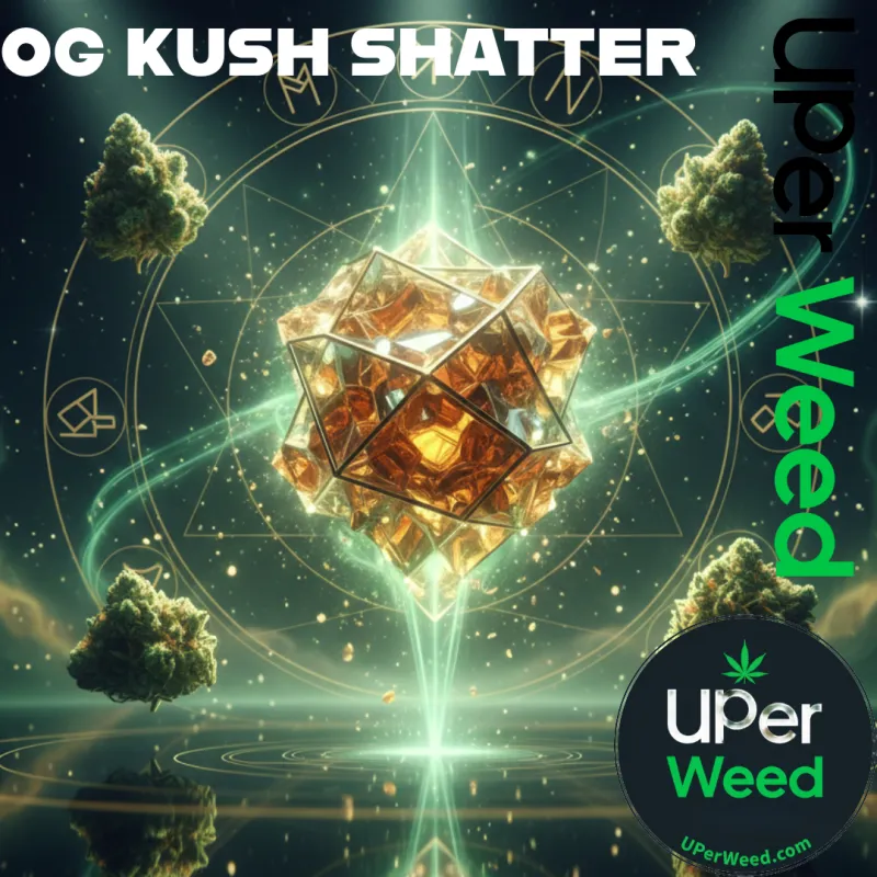 Golden geometric shatter crystal surrounded by cannabis flowers on a green background for OG Kush 1